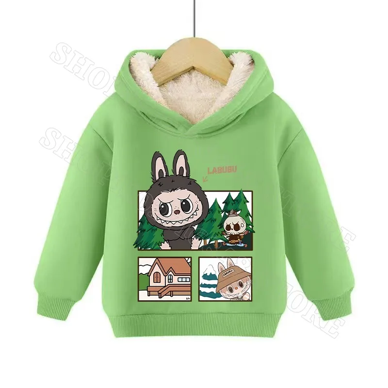 New Labubu Kids Fleece Hooded Sweatshirt Child Clothes Comfortable Warm Fashion Streetwear Cartoon Anime Print Sweatshirts Gifts