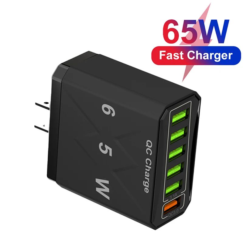 65W 6 Ports USB Charger Fast Charging QC3.0 Travel Wall Charger For iPhone 14 Samsung Xiaomi Mobile Phone Adapter EU KR US Plug