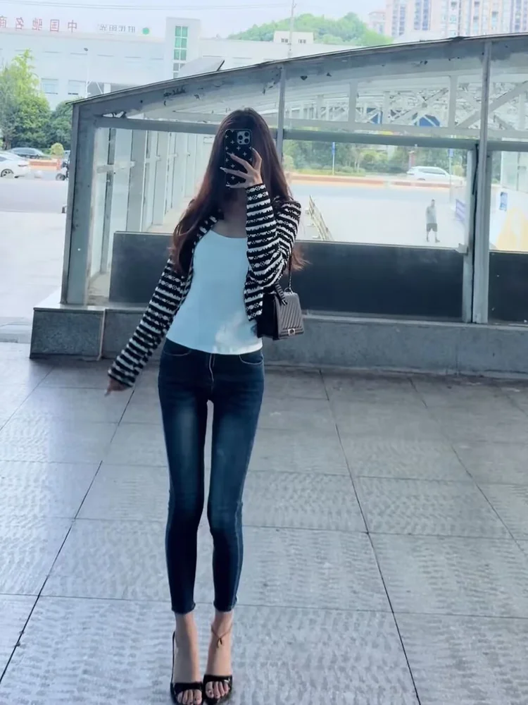 

Retro Blue Denim Jeans Women's High Waist Elastic Slim Waed out Nine Points Small Foot Pants Korean Sle Cotton Stretch Denim