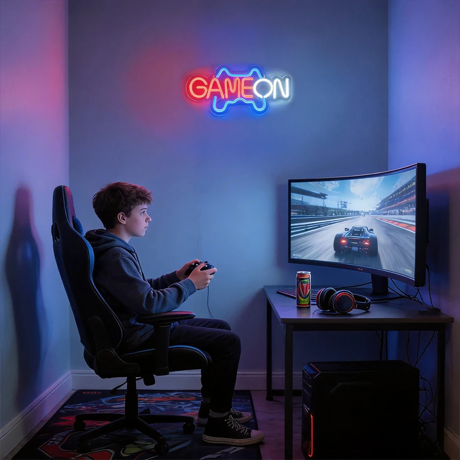 Game on Neon Sign,Gamepad Shaped Neon Sign For Teens Boys Bedroom Wall Decor,LED Game Controller Neon for Game Zone Party Gift view 5