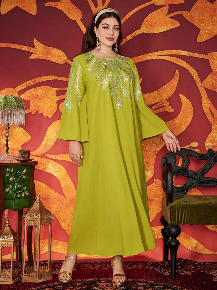 Middle East Muslim New Fashion Women's Plus Size Diamond Studded Casual Trendy Loose Elegant O-neck Ceremonial Dresses Female
