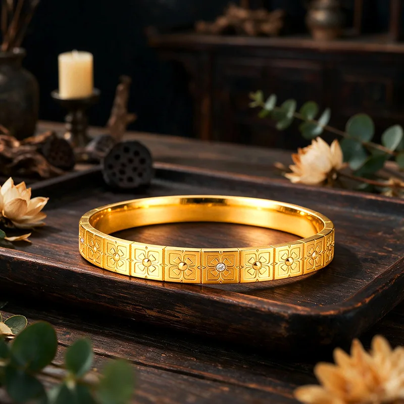 Women's Luxury 9999 24K Real Gold Old Money Style Square Bracelet Light Luxury Retro Mid-century Style Wanxiang Bracelet