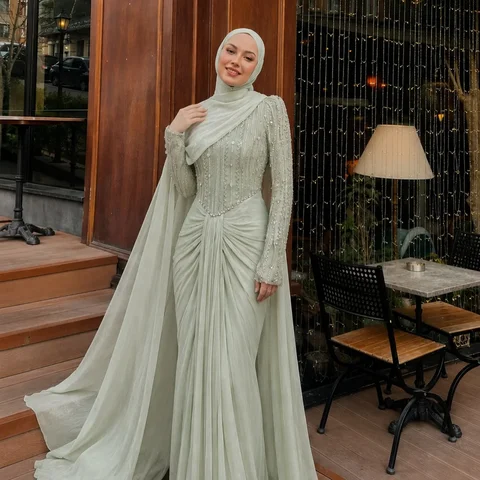 Customized Saudi Women Evening Dresses Sage Crystals Floor Length Long Sleeve Ladies Party Dresses Beading Prom Dresses Vestido