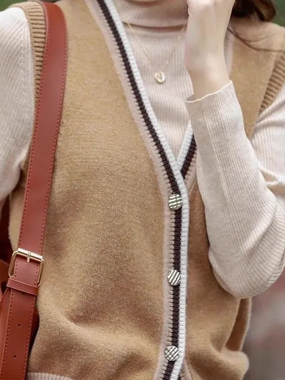 Fashionable V-Neck Knitted Open Cardigan Sleeveless Vest Top Women's Style Spring Autumn New Arrival Versatile Clothing