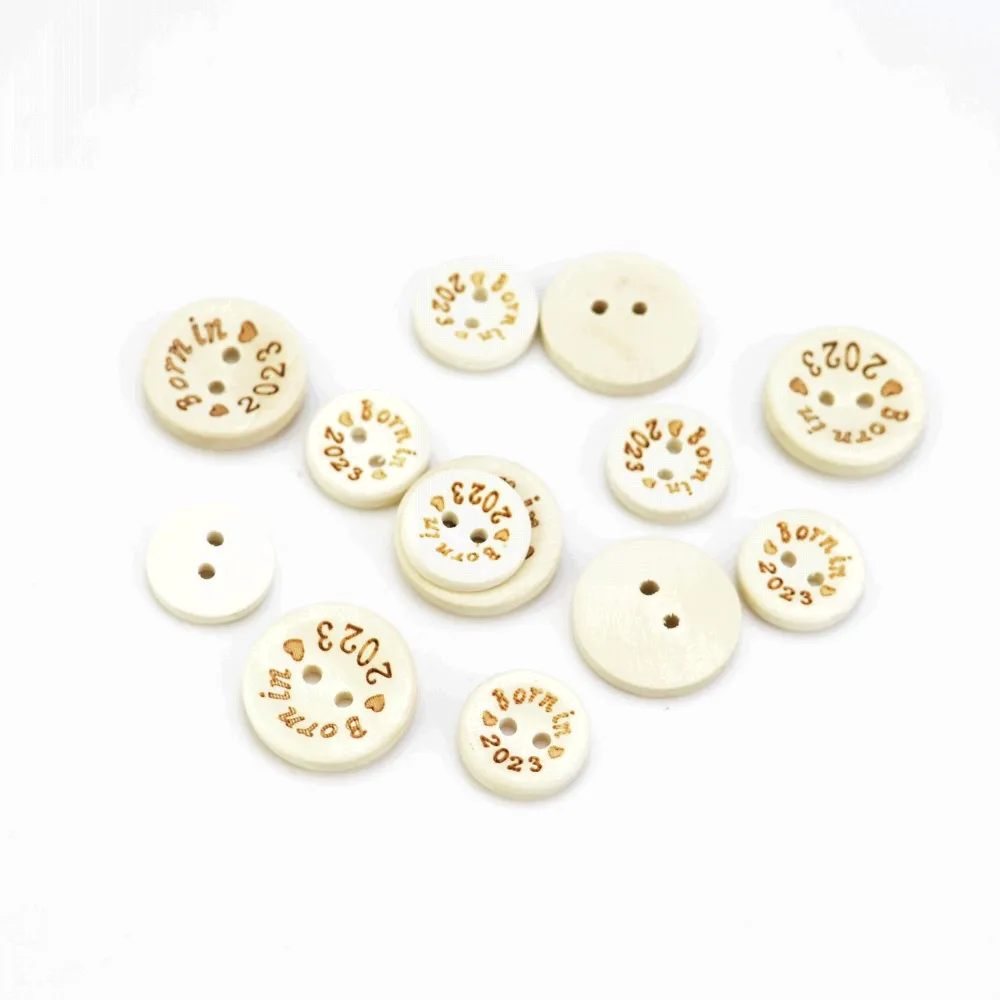 50Pcs 2Hole Natural Wooden Buttons born in 2023 2024 wood Button For Scrapbooking Craft DIY Baby Clothing Sewing Accessories