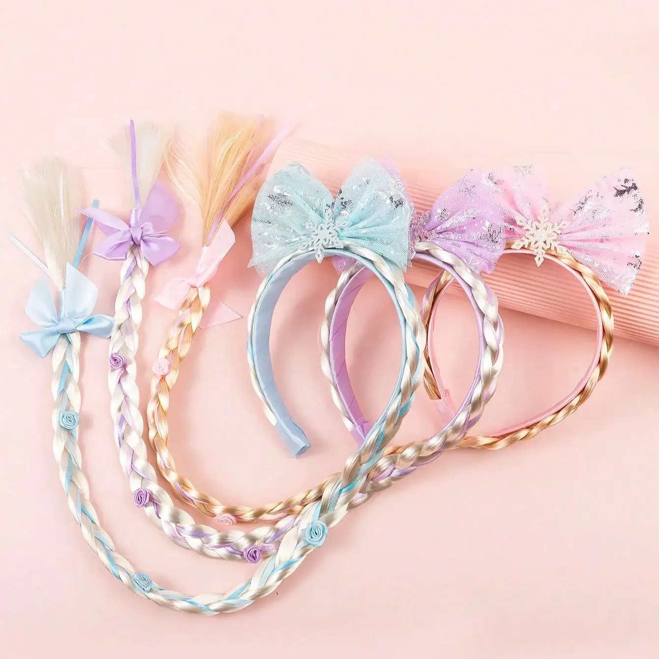 Qiyuan Love Princess Children\'s Hair Band Headwear Girls\' Baby Wig Long Braid Princess Bow Hair Accessories