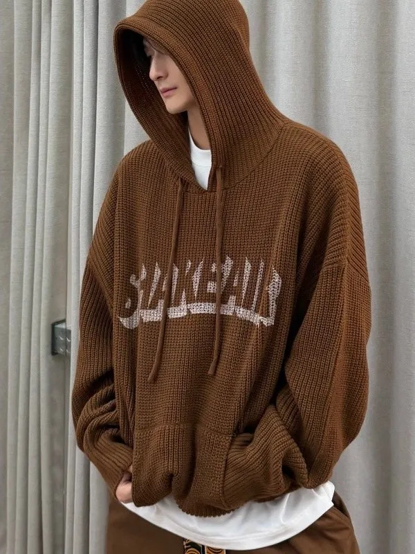 

Оверсайз свитер-худи из полиэстера, осенне-зимний, вязаный, свободного кроя, с длинными рукавами, в американском стиле