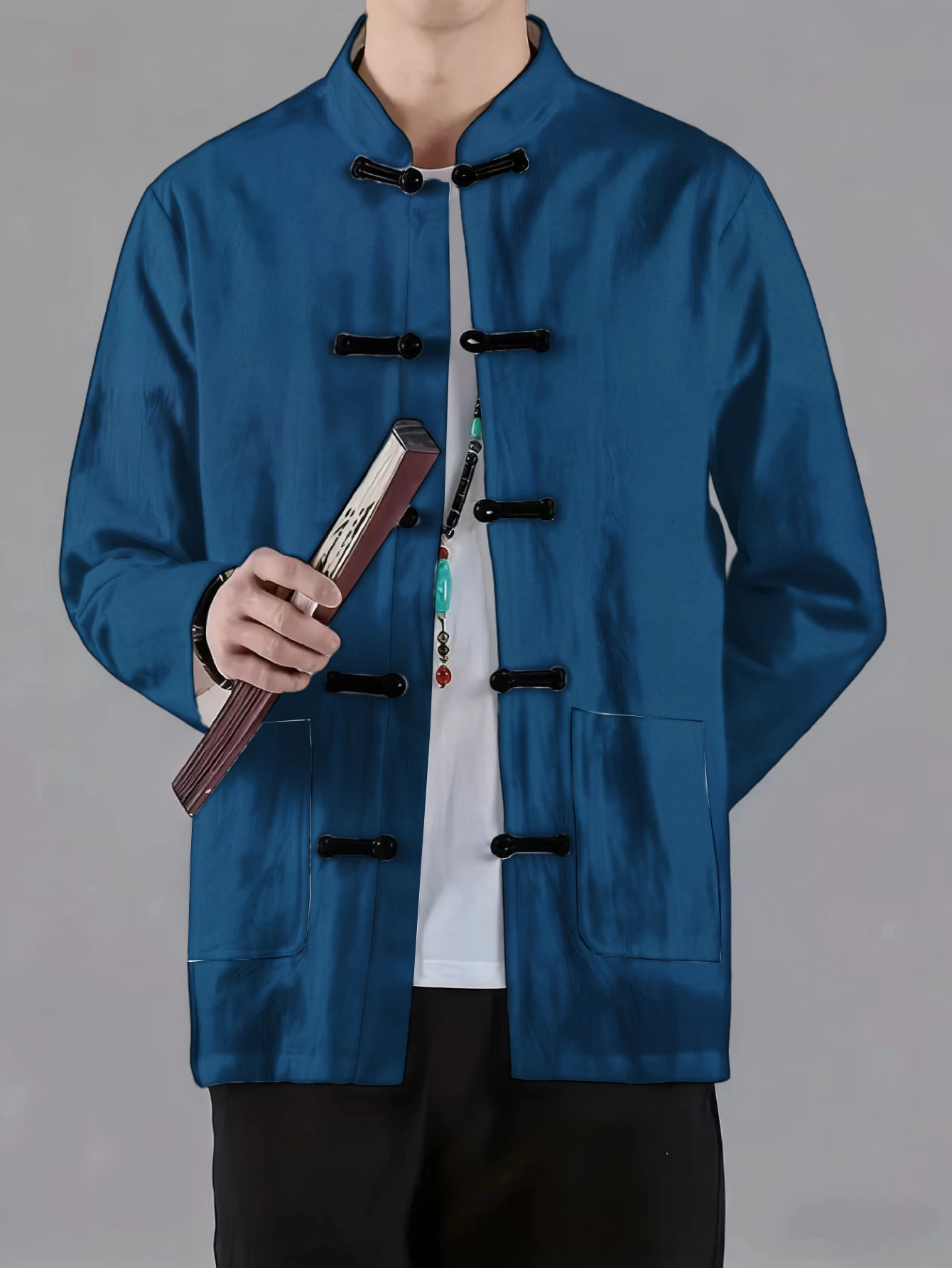 Men Mandarin Collar Frog Button Jacket Solid Bamboo Floral Ink Art Print Traditional Outerwear