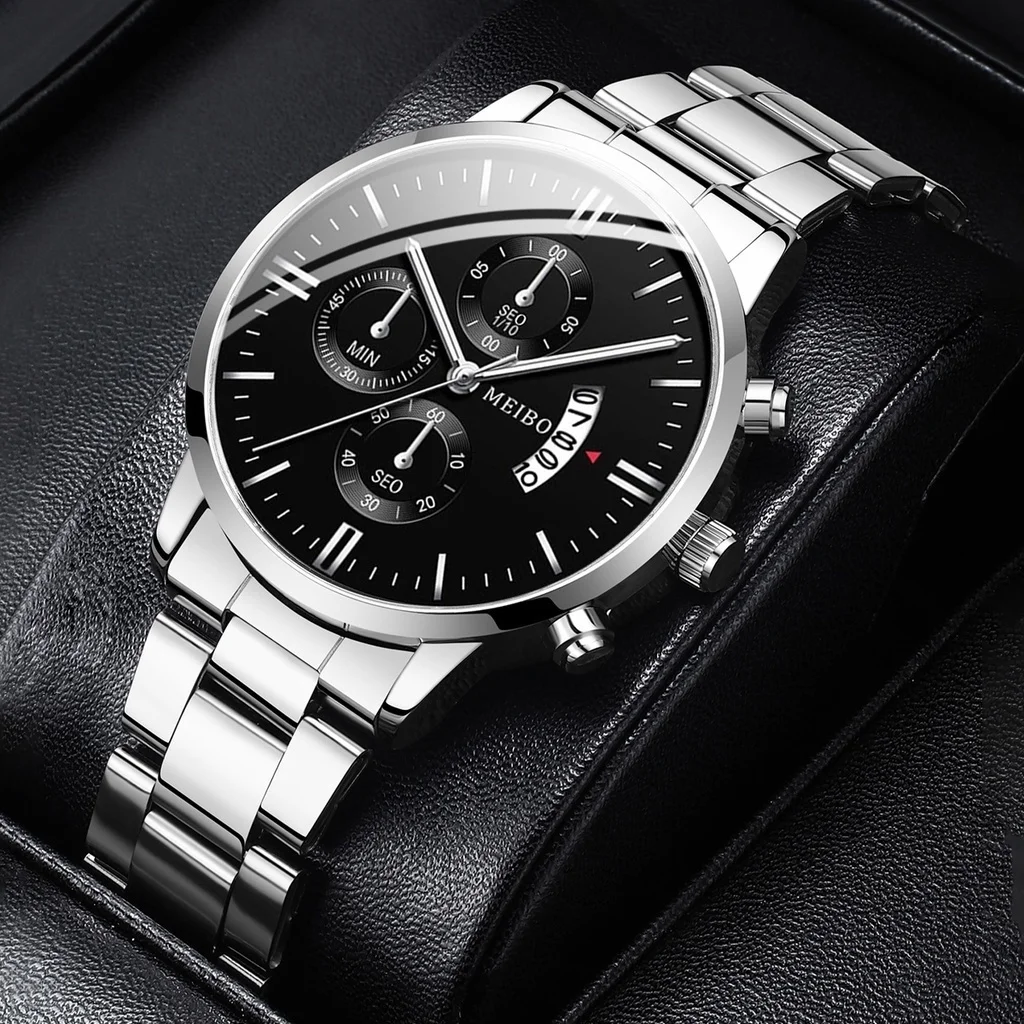 男性用ステンレススチールクォーツ時計,ジュエリーセット,ラウンドダイヤルストラップ,カレンダー,ビジネス,カジュアルスタイル,ファッション,1セットあたり4個