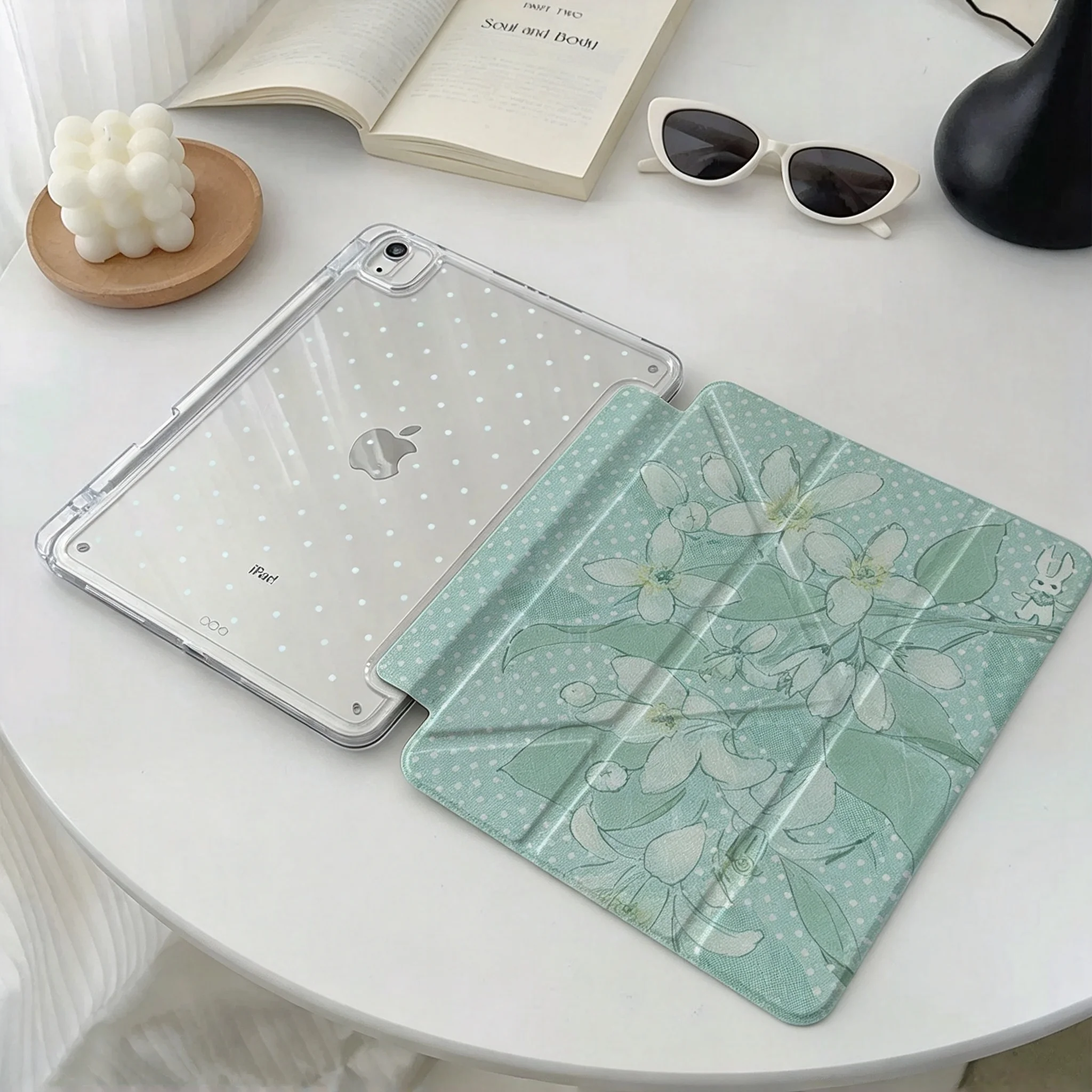 Korean Ins Mint Green Leaf Polka Dot Y2K Cover For iPad Pro 13 11th M5 M4 12.9 A16 10 8 7 9th 10th Air 11 M2 M3 Mini Tablet Case