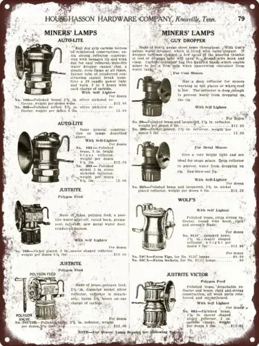 1924 Guy Dropper Auto Lite Justrite Wolf's Miners Lamps Metal Sign 9x12