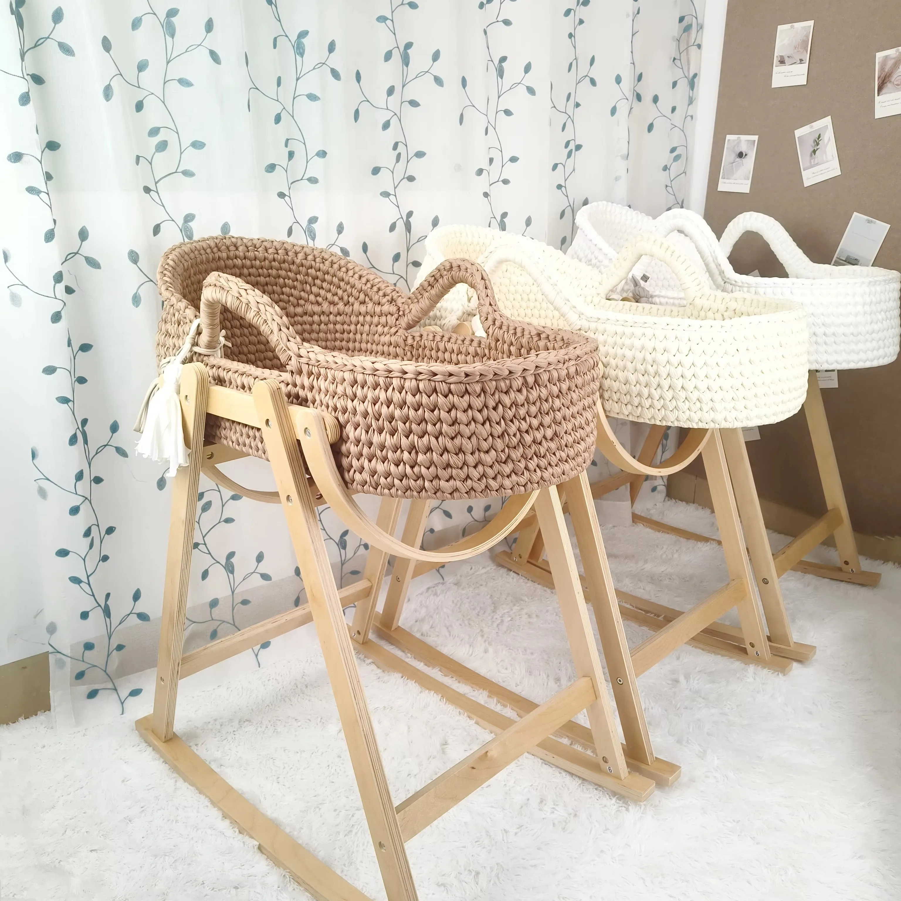 Handwoven Beige Baby Cradle, Crochet Bassinet, Portable Moses Basket, Newborn Lounger, with Wooden Stand and Soft Mattress