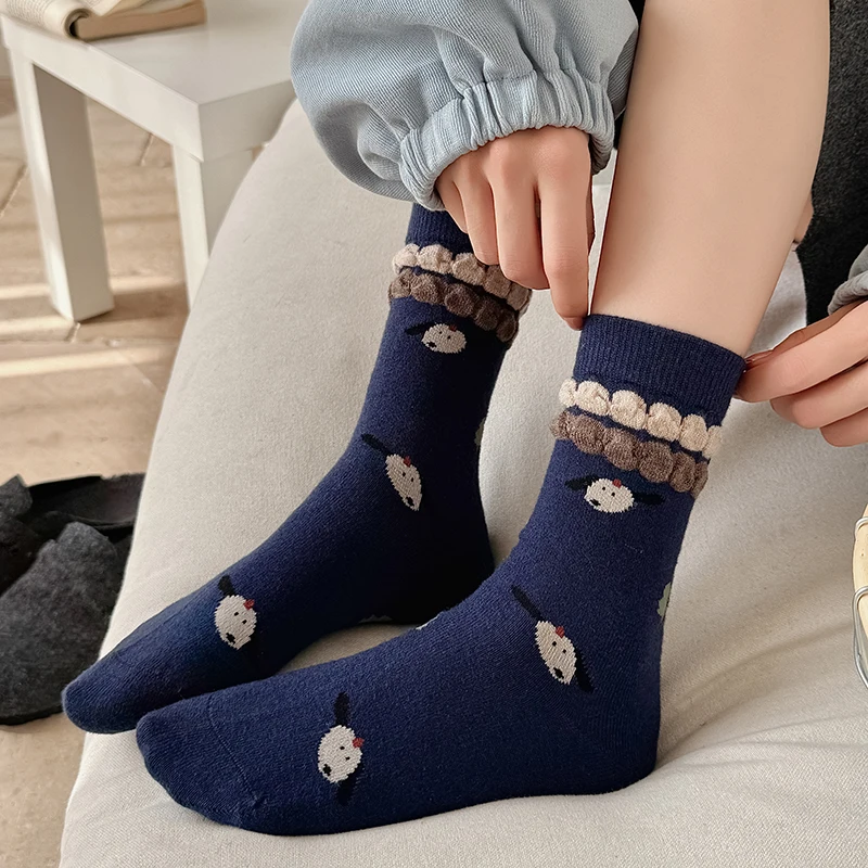 Cute Socks For Women New Preppy Style Frilly Cartoon Socks Warm Embroidery Striped Casual Thick Socks Kawaii Japanese Fashion