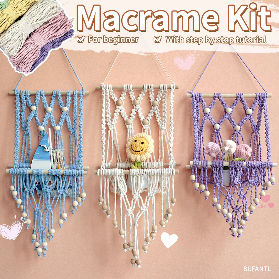 Böhmisches Retro-Hängebücherregal-Makramee-Set – DIY handgefertigtes Webset mit Anfängerführer, wandmontiertes Regal