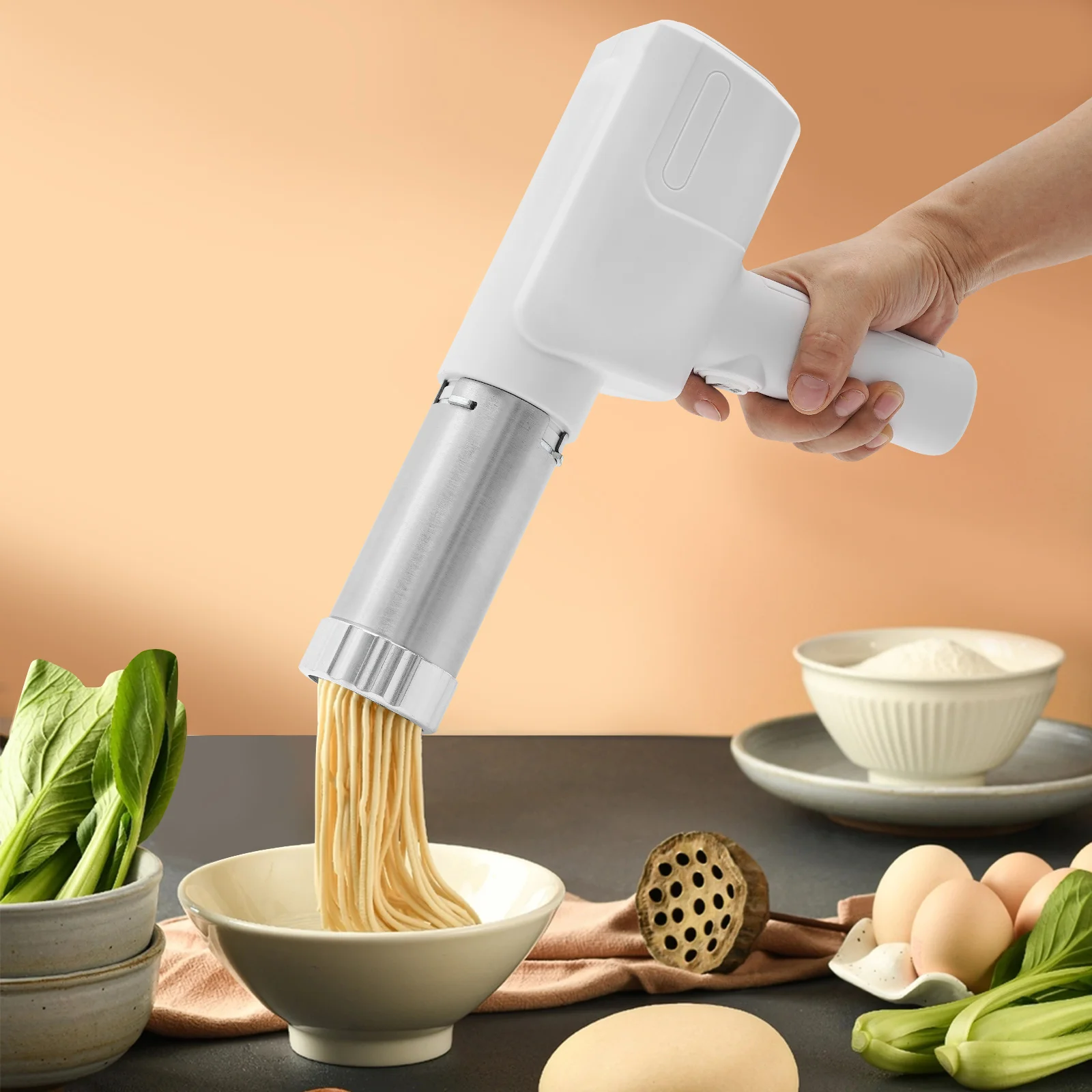 ハンドヘルド電気パスタメーカー、40W自動ステンレス鋼コードレスポータブル家庭用製麺機キッチンレストラン用
