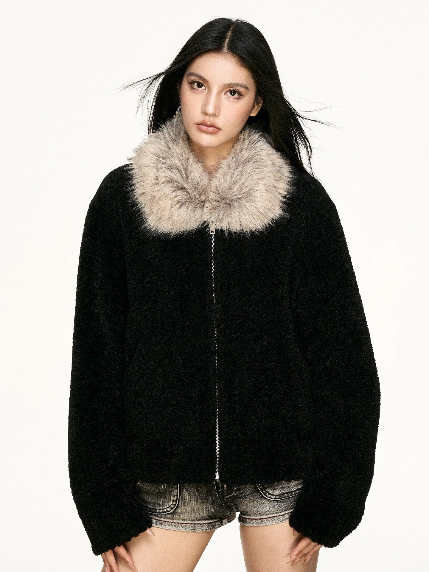 

Aaisup Women's Bla Lamb Fur Collar ort Jaet Winter New Loose Thi Warm Zipper Plu Outerwear Commute Sle Long Sve