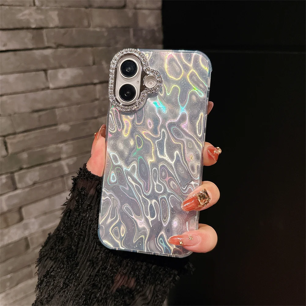 3D Laser Water Ripple Frameless Case For iPhone 16 ProMax 15 14 Plus 11 12 13 Pro Max Slim Heat Dissipation Diamond Lens Cover