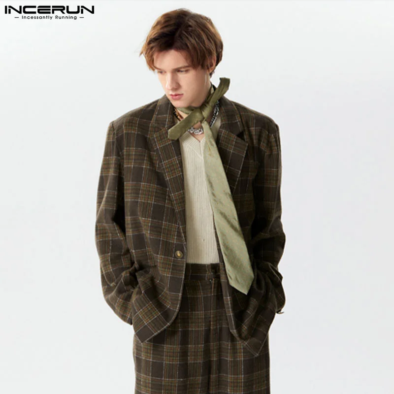 2024 Men\'s Plaid Blazer Lapel Long Sleeve One Button Streetwear Casual Suits Men Spring Elegant Fashion Male Coats S-5XL INCERUN