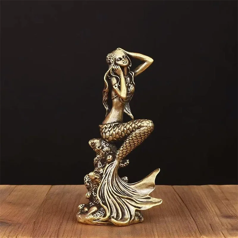 Solid Brass Mermaid Statue,Handcrafted Metal Collectible with Graceful Hair and Tail Exquisite Scale Design,Ideal for Home Decor