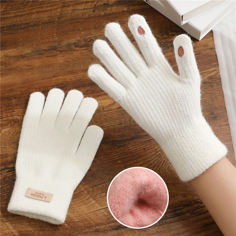 Gants chauds coréens pour femmes, mitaines en peluche intérieure, écran tactile, trous de doigt, document solide, à la mode, hiver