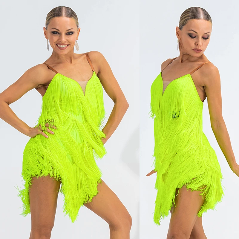 

Fringe New Latin Competition Dress Women's Salsa Clothing Performance Wear Tango Dancewear Dresses Yellow Sling Dresses XH1232