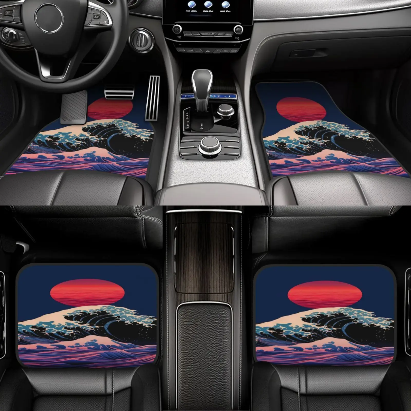 

4pcs, Red Sun Element On Waves Universal Car Mats From, Suitable For Front And Rear Seat Protection For All Vehicles, Stylish An