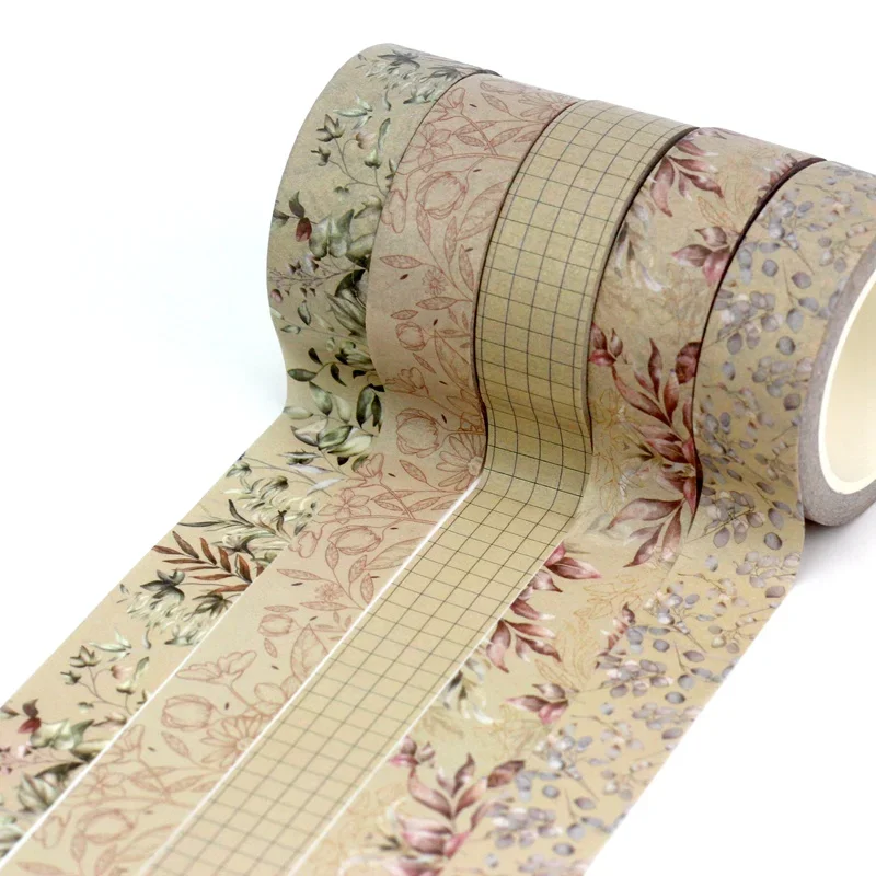 NEW 1PC 10M Decor Vintage Grid Kraft Brown Leaves Washi Tape Set for Diary Gift Wrapping Masking Tape Cute Stationery Supplies