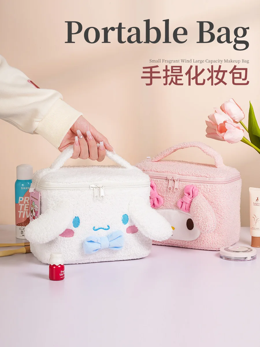 

New Hello Kitty Portable Plush Cosmetic Bag Cartoon Sanrio Kuromi Handbag Makeup Bag Large Capacity Portable Travel Organizer