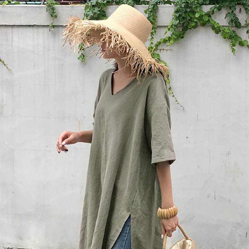 Johnature Casual Solid Color V-neck Long Slits Women T-Shirts 2024 Summer New Korean Short Sleeve All Match Loose Tops