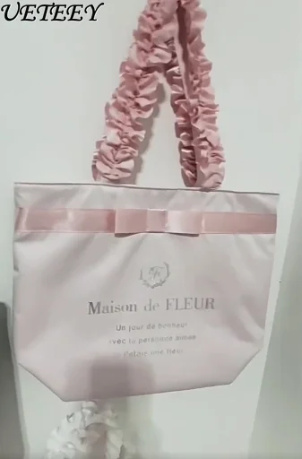 

Japanese Style Cloth Bag Shopping New Hot Silver Letter Satin Cute Sweet Bow Handbag Girls Lightweight Single Shoulder Tote Bag