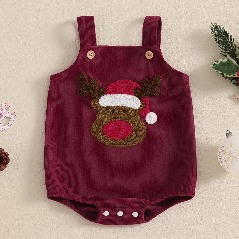 Christmas Newborn Baby Girl Boys Rompers Casual Elk/Christmas Tree Embroidery Sleeveless Corduroy Jumpsuits Overalls Clothes