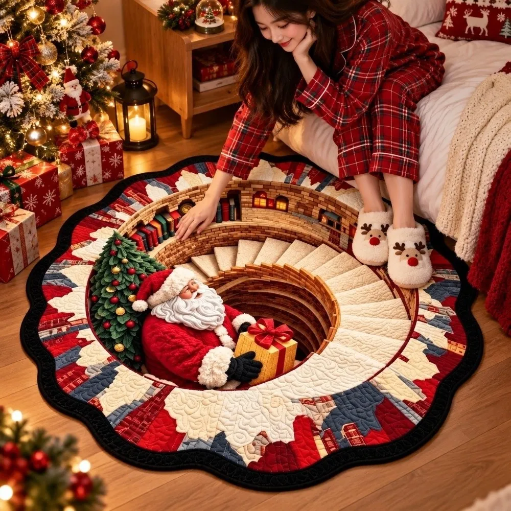 2D Flat Christmas Round Rug Bottomless Pit Santa Pattern 3D Illusion Carpet Polyester Vivid Printing Optical Delusion Doormat