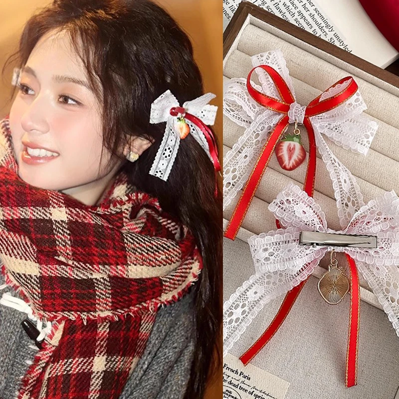 

2pcs Cloth Lace Bow Hair Clip Cute Red Strawberry Barrettes Headwear Bow Hairpins Headflower Side Bangs Clip Girls Jewelry Gifts