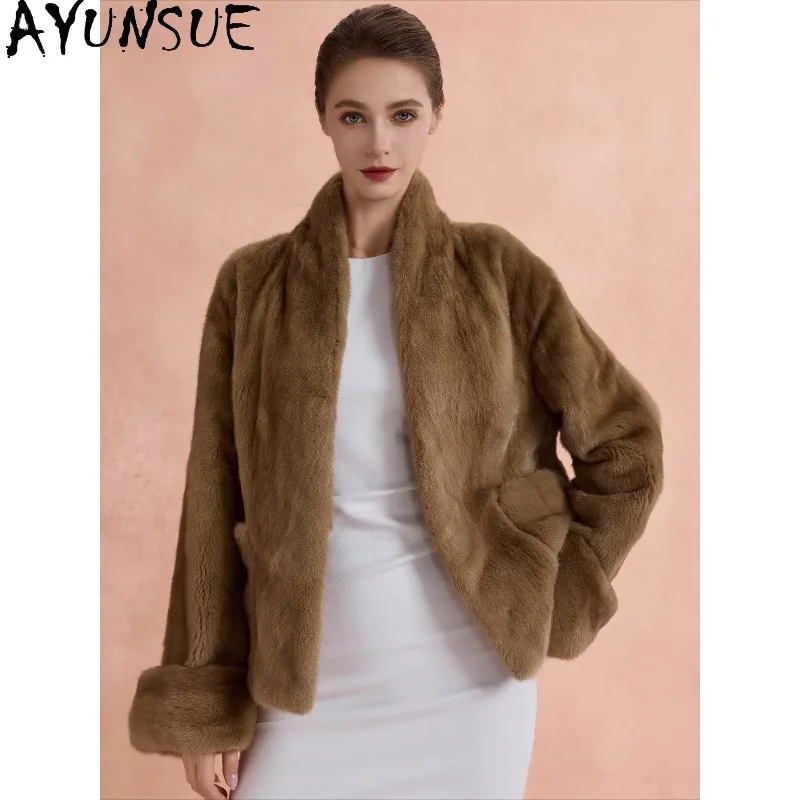 AYUNSUE Real Whole Mink Fur Coat Woman Luxury Warm Fur Jacket Elegant Long Sleeve Tops for Woman Clothes New in Outerwears 코트