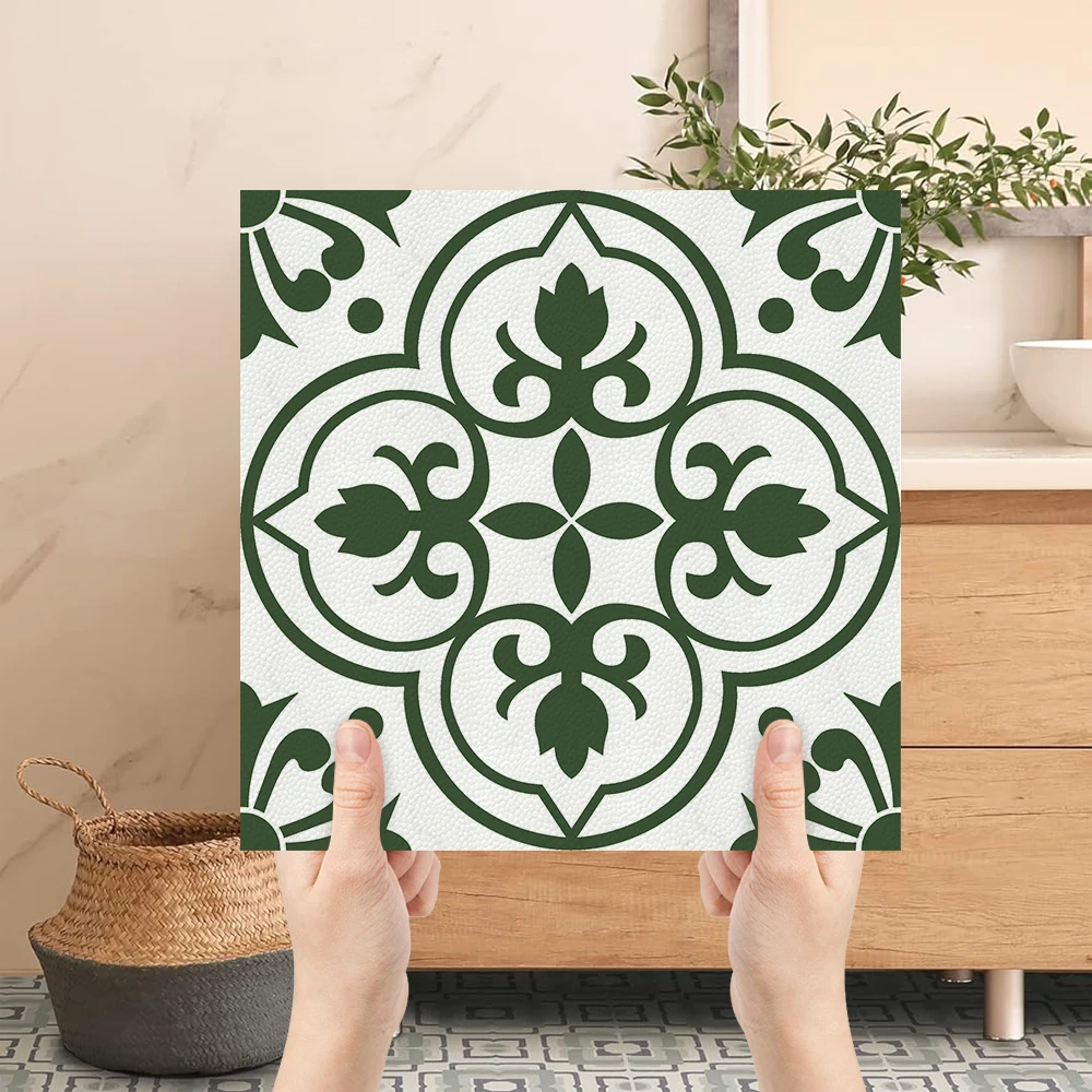 10pcs Green Floral Peel and Stick Floor Tiles, 30x30cm Waterproof PVC Floor Stickers