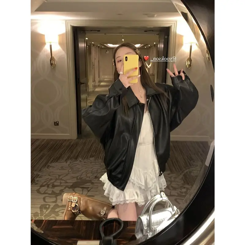 البني سترة جلدية صغيرة المرأة ربيع الخريف قصيرة عادية سحاب أكمام طويلة بولي معطف معطف جلد الإناث دراجة نارية سترة واقية