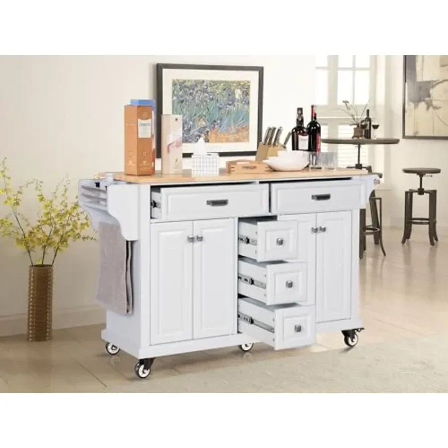 Kitchen island on wheels for cooking and dining, rubber wood top, white, double storage cabinet + 5 drawers, portable and large