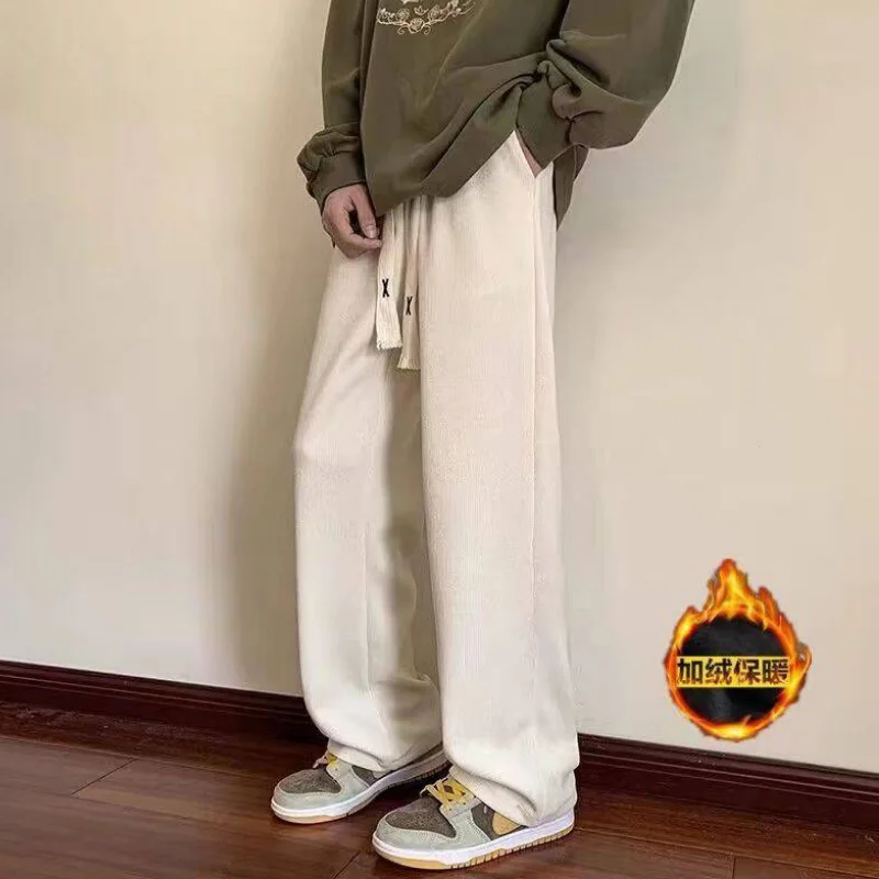 

Men's Pants Leisure Sportswear Fleece-Lined for Warmth Elastic Pants Autumn Winter Clothing Men's Fashionable Straight Leg Pants