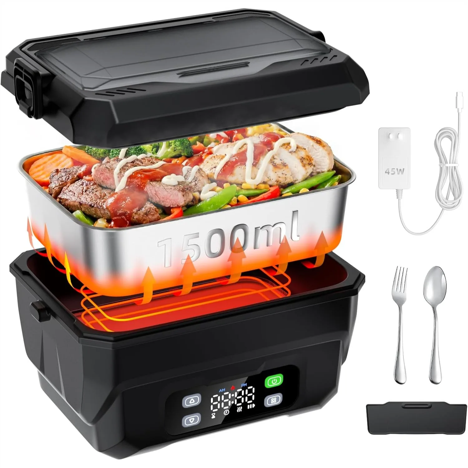 

100W Cordless Heated Lunch Box, 45W Fast Charging 22000mAh Rechargeable Food Warmer, 1.5L Portable with 24H Scheduled Heating