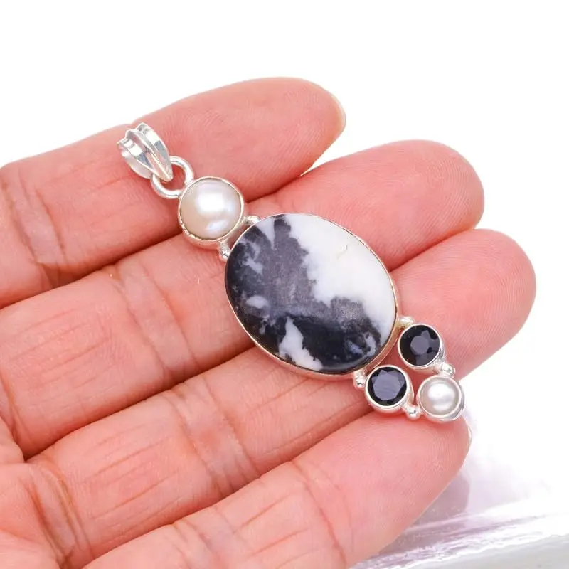 StarGems Natural Pinolith Jasper&Black Onyx And River Pearl Handmade 925 Sterling Silver Pendant 2 1/4