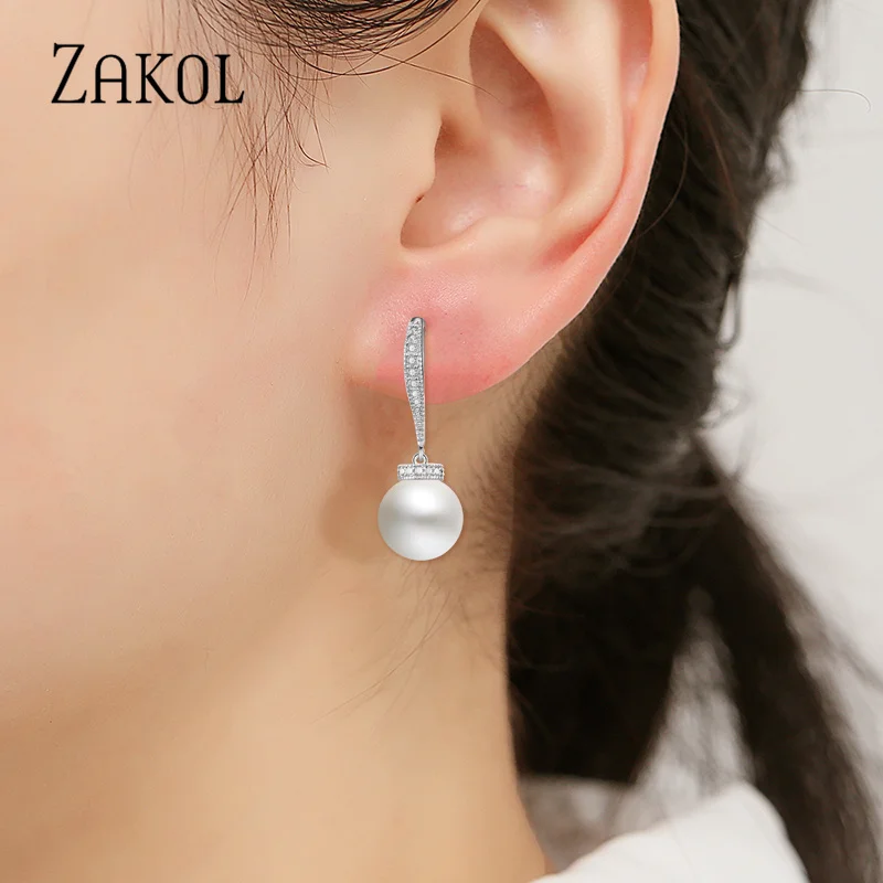 ZALOL Fashion Round Simulated Pearl Hook Earrings for Women & Tiny Zircon Long Dangle Earring Bridal Wedding Jewelry EP2159