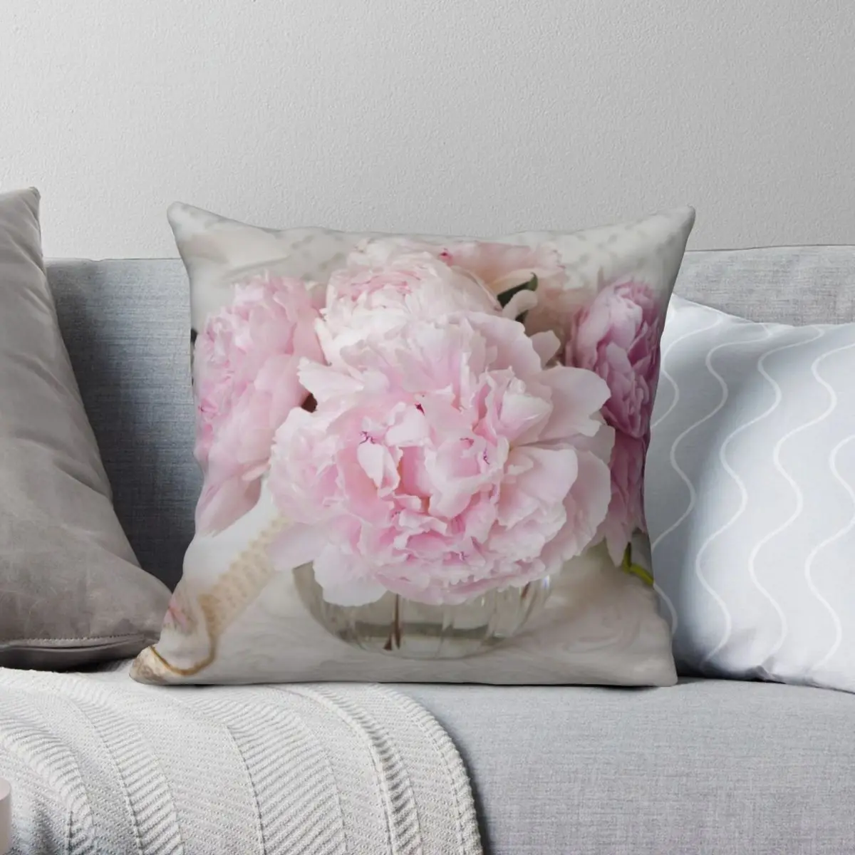 Pink Delicate Peonies Square Pillowcase Polyester Linen Velvet Pattern Zip Decorative Pillow Case Bed Cushion Cover