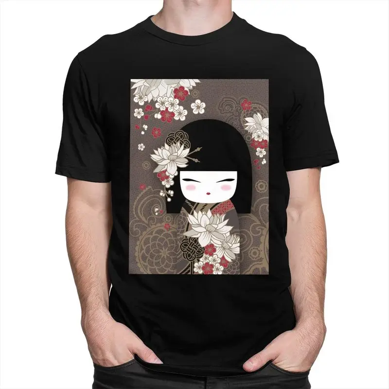 Custom Kokeshi Doll Cherry Blossoms T Shirts Men 100% Cotton Tee Tops Japanese Kimono Geisha Girl Tshirts T-shirt