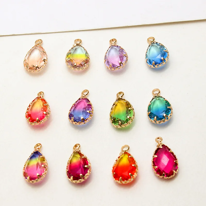 1pcs Diy Accessories Gradient Color Copper Edging Crystal Glass Water Drop Pendant Earrings Necklace Material Handmade Charms