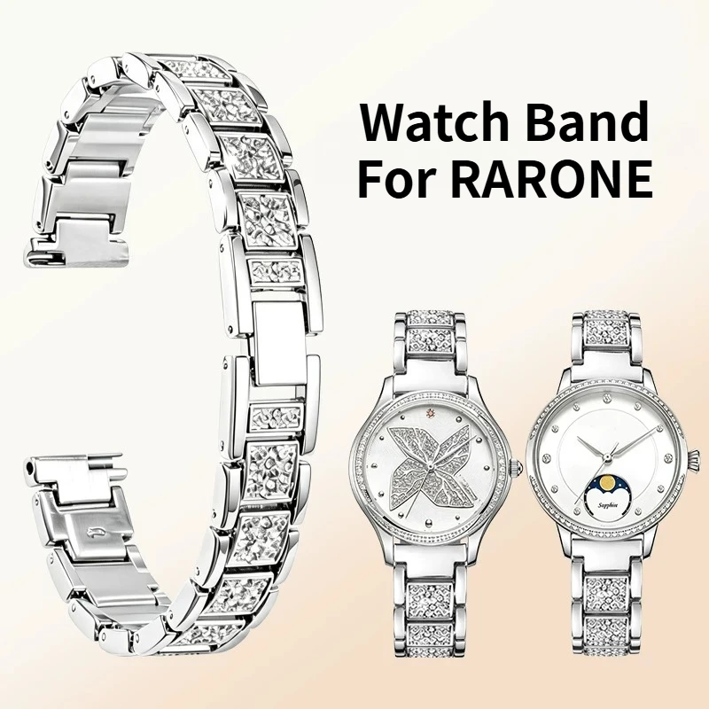 Ladies Stainless Steel Inlaid Diamond Watch Strap for RARONE Four-leaf Clover 8600098/658 Moon Phase 838128 steel Watch Band