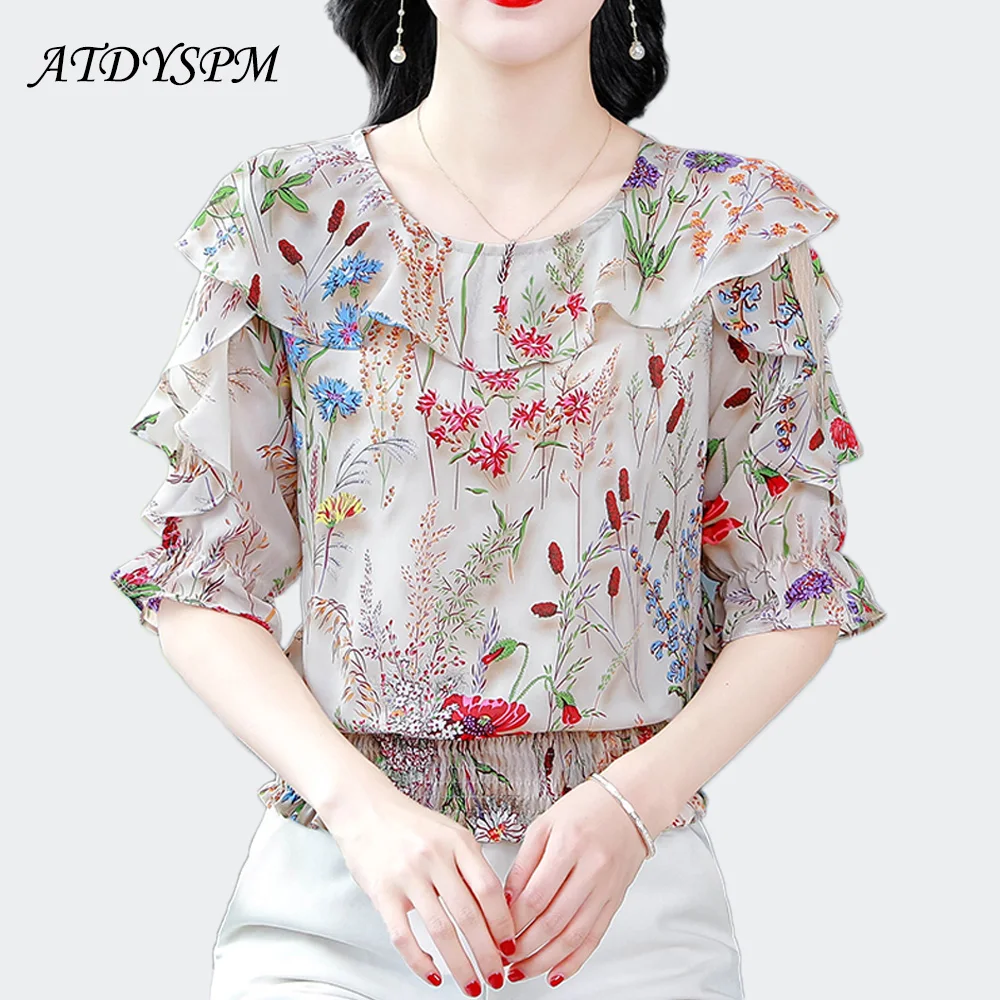 

Summer Fashion Flower Printed Blouse Women Half Sleeve Bohemian Holiday Tops Ruffles Blusas Femme Party Tunic Causal Shirts