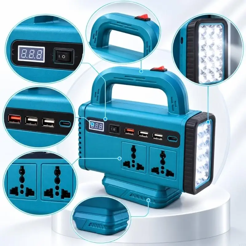 150W Battery Power Converter with 18-21V Input, 2 Outlets, 4 USB Outputs, Front LED Work Light, and Carry Handle M4YD