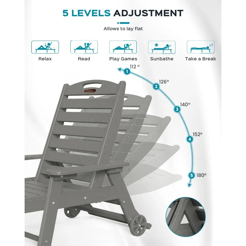 كرسي صالة خارجي، كرسي صالة كبير الحجم مع 5 أوضاع، HDPE، كرسي صالة فناء مع عجلات وحامل أكواب