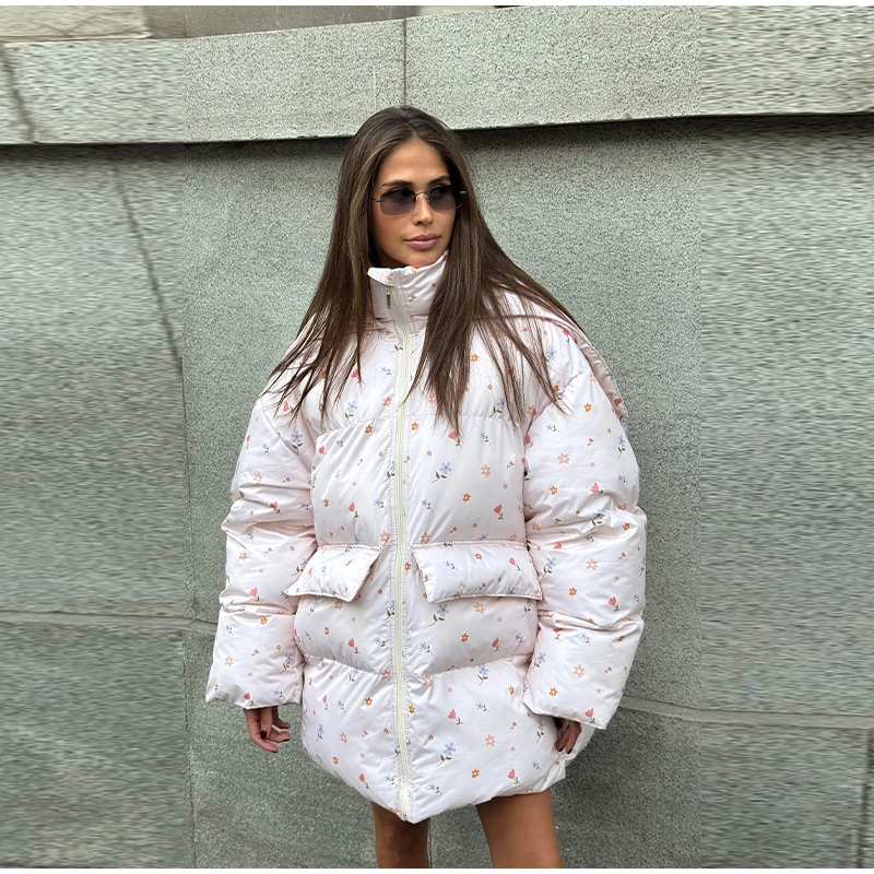 Unique Hooded Women's Winter Jacket Elegant Printed Thicken Pockets Full Sleeve Female Cotton Coat 2025 New Woman Coats Outwears