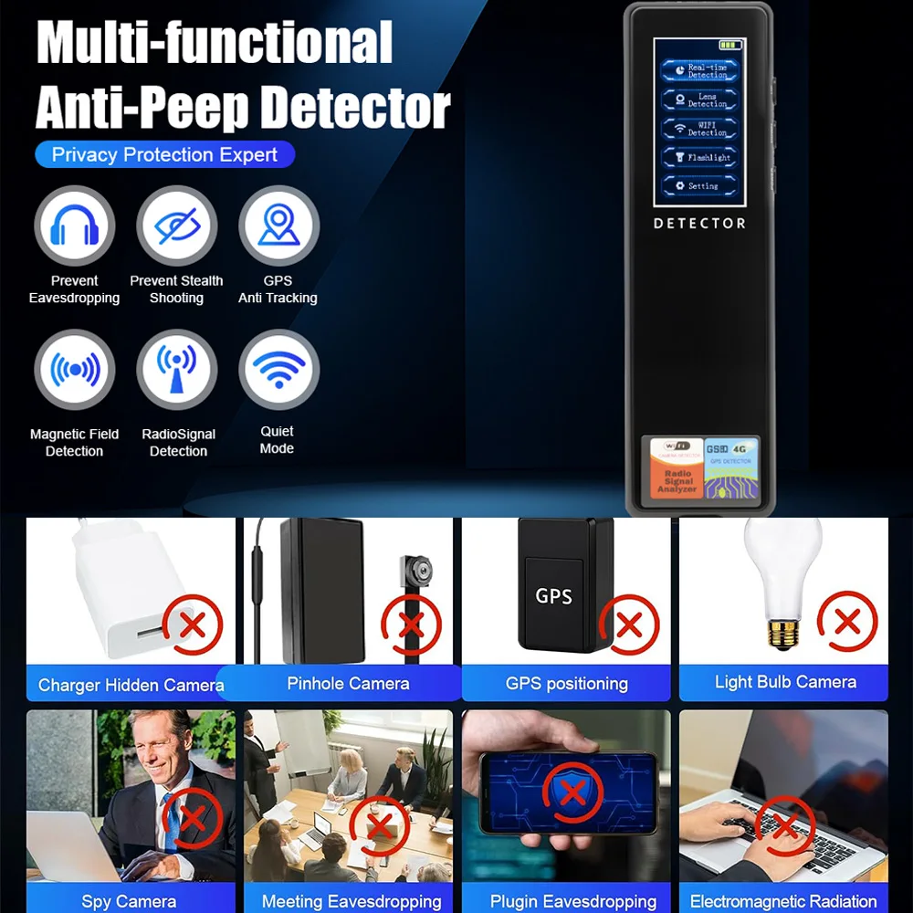 Rilevatore di telecamere per insetti nascosti, localizzatore GPS Scanner di segnali RF Dispositivi di ascolto Trova wireless per viaggi, auto, bagno, ufficio, hotel